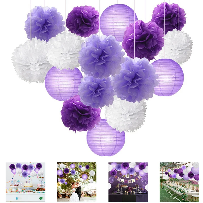 

16pcs Paper Flower Ball Paper Lantern Set Mixed Color Lavender Purple Themed Birthday Wedding Party Baby Shower Decorations