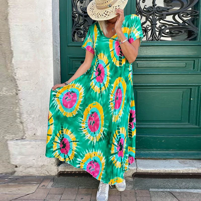 Ladies Tie-Dye Print Loose Big Swing Beach Dress Casual Short Sleeve Maxi Dress Summer Pullover Harajuku V-Neck Boho Women Dress
Ladies Tie-Dye Print Loose Big Swing Beach Dress Casual Short Sleeve Maxi Dress Summer Pullover Harajuku V-Neck Boho Women Dress