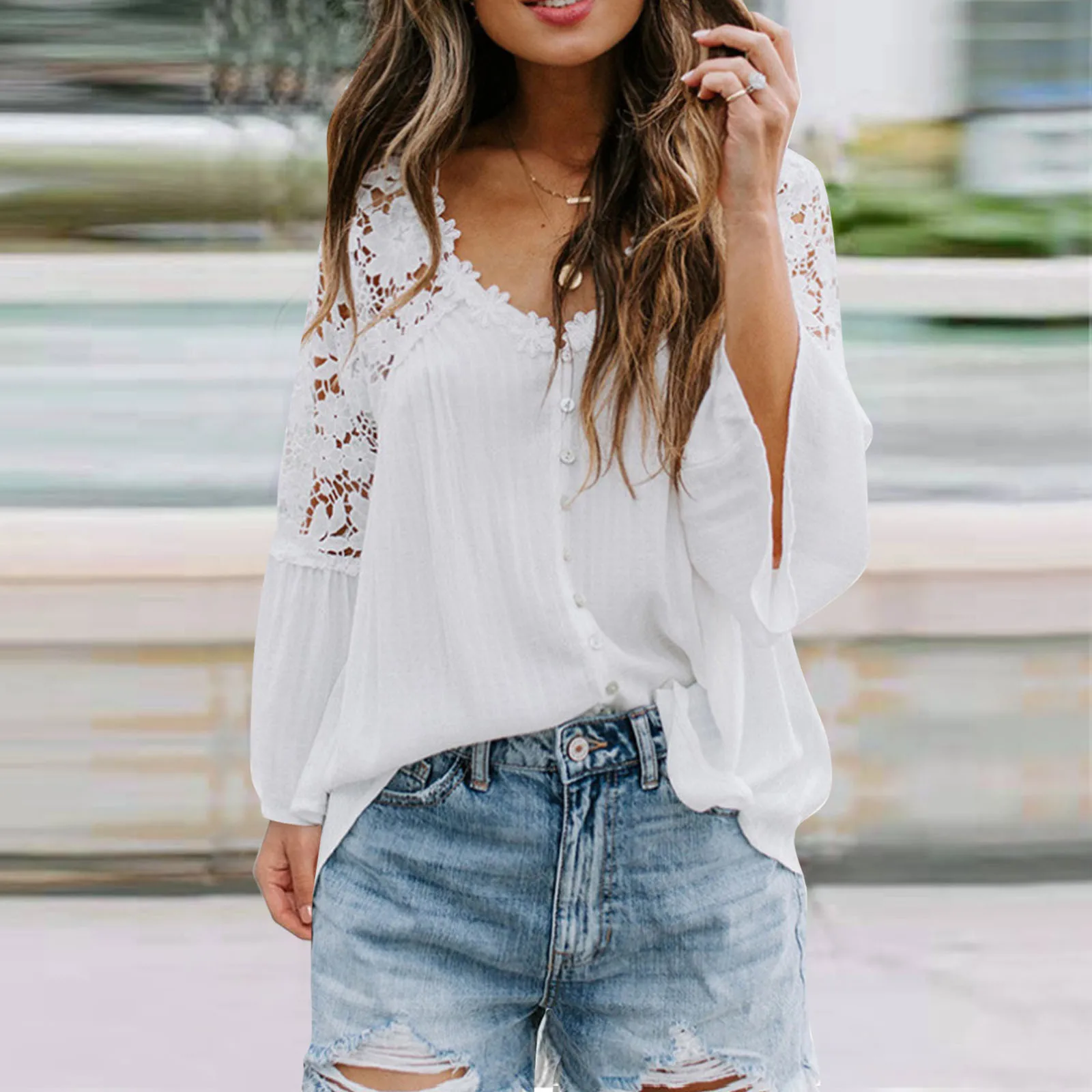 Fashion Lace Patchwork Tops Women Loose O Neck Ladies Casual Streetwear Blouse Elegant Female White Shirts Blouse Womens Outfits
Fashion Lace Patchwork Tops Women Loose O Neck Ladies Casual Streetwear Blouse Elegant Female White Shirts Blouse Womens Outfits