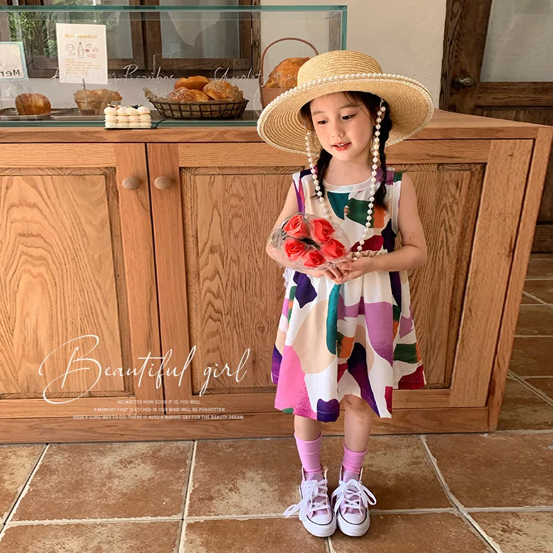 Летние платья-комбинезоны без рукавов с круглым вырезом, трапециевидный пуловер до колен с цветочным принтом, милая модная повседневная одежда для девочек, 2023 
Летние платья-комбинезоны без рукавов с круглым вырезом, трапециевидный пуловер до колен с цветочным принтом, милая модная повседневная одежда для девочек, 2023