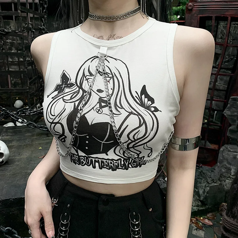 Anime Skinny Sleeveless T-Shirt Women Gothic Punk Chain Cartoon Print Summer Crop Top Fashion Y2K T-Shirt 2022 New
Anime Skinny Sleeveless T-Shirt Women Gothic Punk Chain Cartoon Print Summer Crop Top Fashion Y2K T-Shirt 2022 New