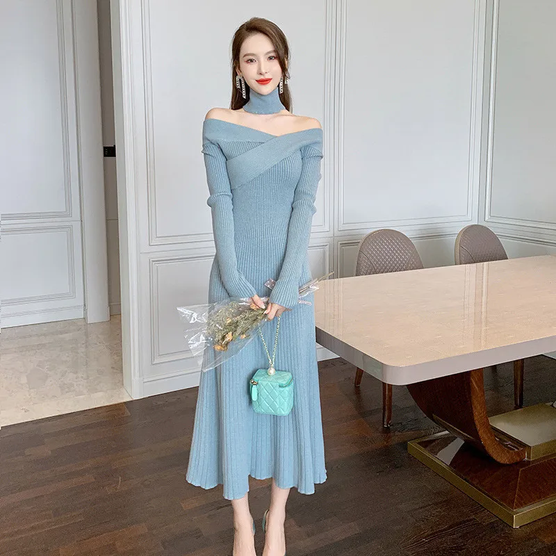 Korea 2021 Autumn Winter New Fashion Women Sexy Off Shoulder Striped Full Sleeve Elegant Knitting Solid Color Mid-calf Dress
Korea 2021 Autumn Winter New Fashion Women Sexy Off Shoulder Striped Full Sleeve Elegant Knitting Solid Color Mid-calf Dress