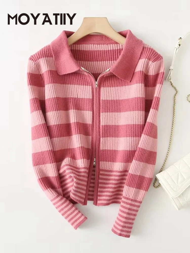 

MOYATIIY 2022 Fashion Women Cardigan Autumn Winter Striped Zipper Knitted Sweater Jumper Female Tops Cardigans