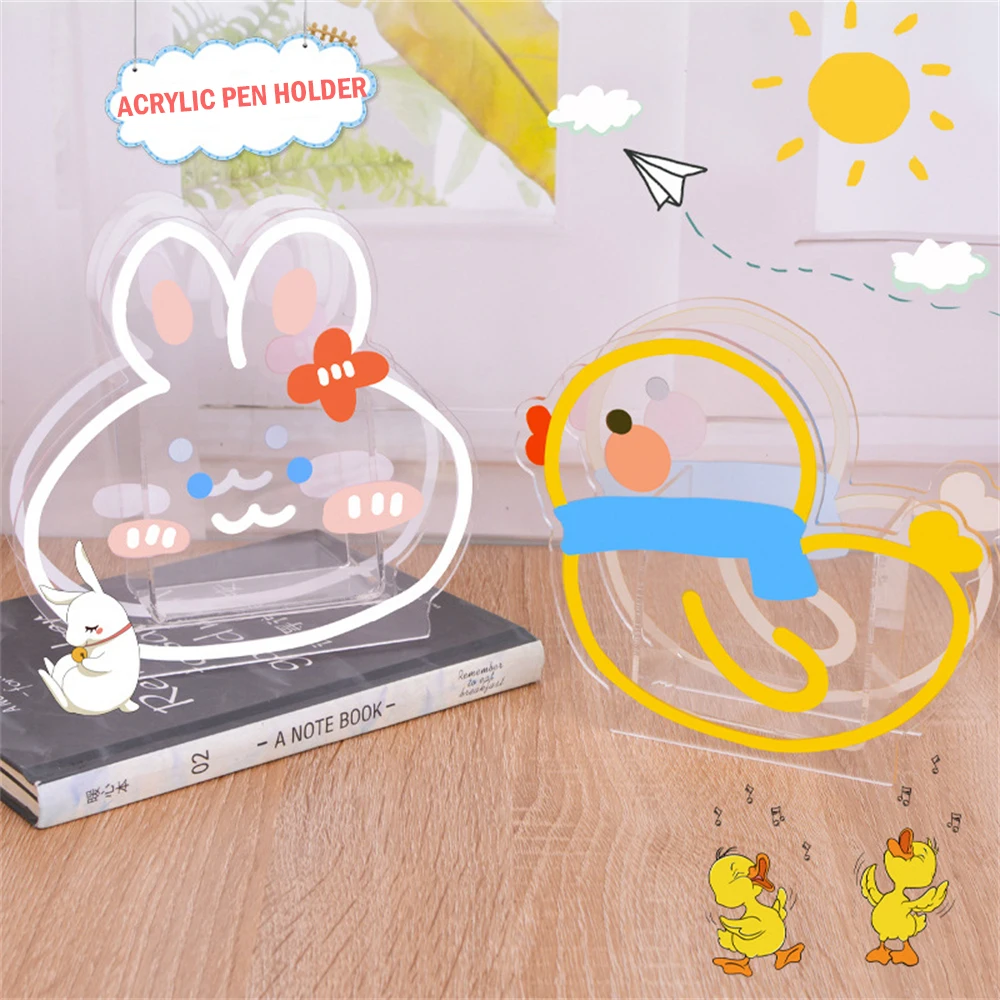 

4 Colors Optional Cute Strawberry Acrylic Pen Holder Rabbit Toast Duck Transparent Storage Tube Student Office Desk Stationery