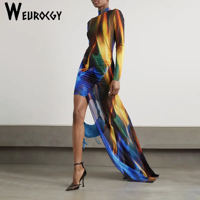 

2023 Summer Spring Fashion Colorblock Turtleneck Long Sleeve Patchwork Sheer Mesh Irregular Floor Length Tie-Dye Dress For Women
