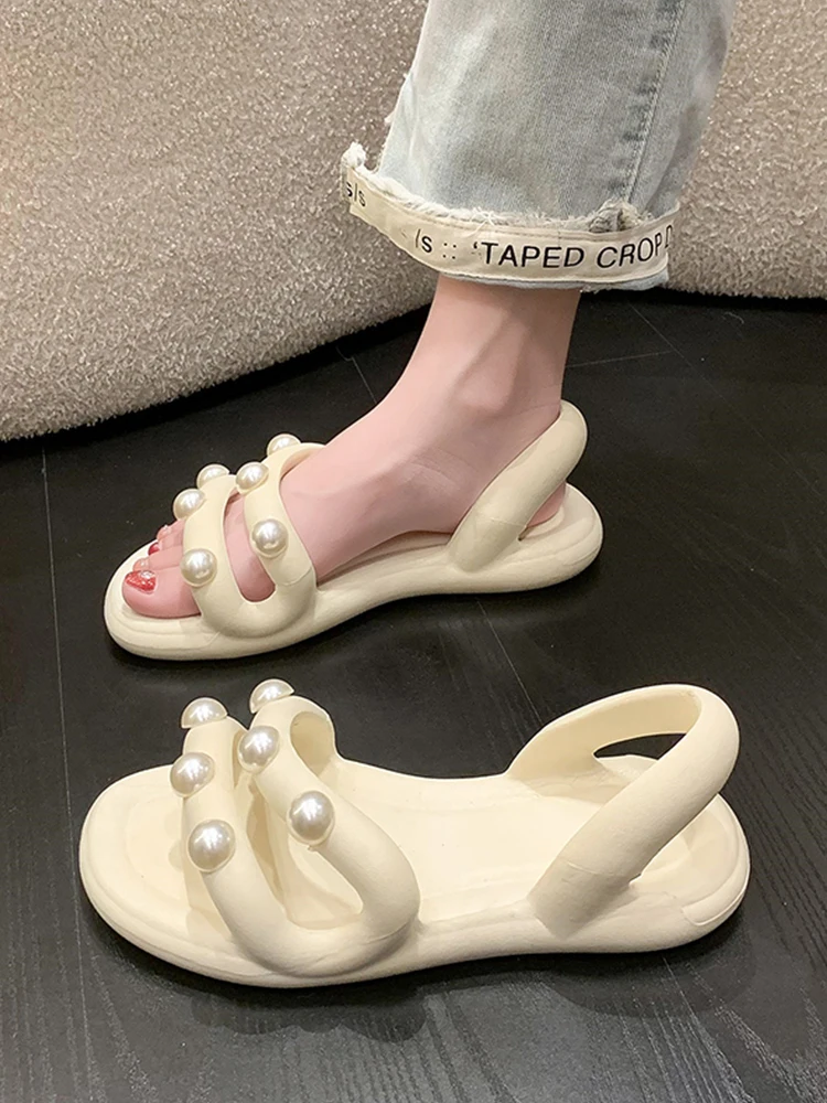 

2023 Sandals Female Shoe Espadrilles Platform Anti-Skid Soft Large Size New Girls Outside High Low Pearl Fashion Summer Big Slip