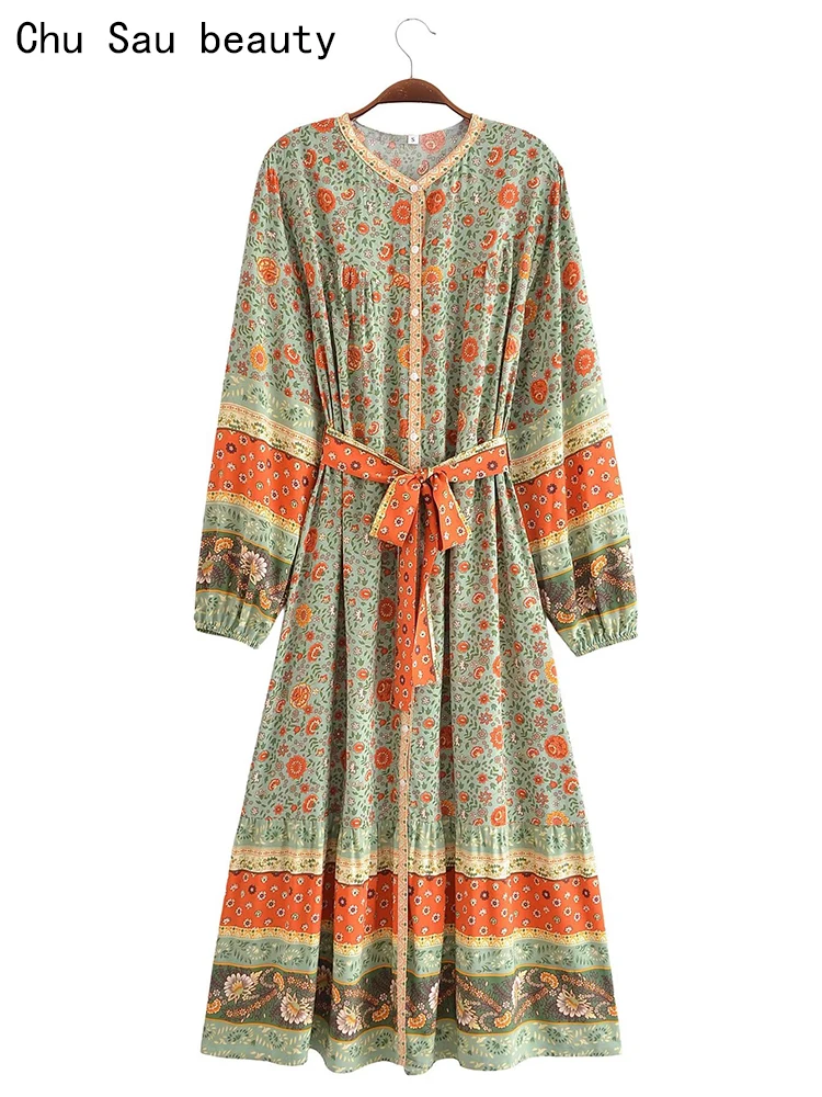 Chu Sau beauty 2023 Women Summer Fashion Vintage Floral Print Chic Belt Long Dress Bohemian Style Long Sleeve Loose Dresses 
Chu Sau beauty 2023 Women Summer Fashion Vintage Floral Print Chic Belt Long Dress Bohemian Style Long Sleeve Loose Dresses