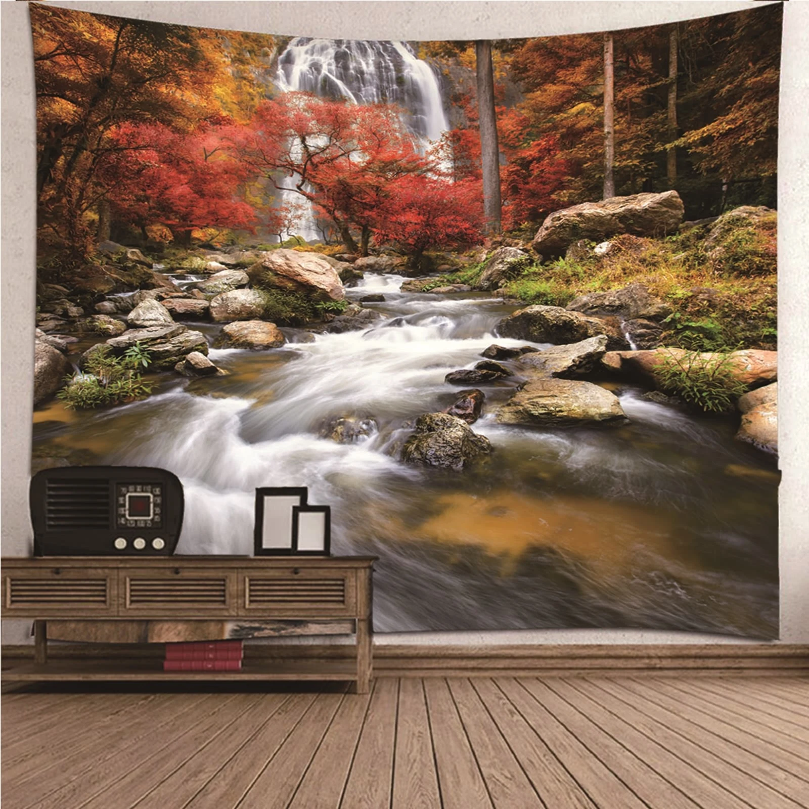 

Long Tapestry Wall Art Extra Large natural scenery Waterfall & Maple Tree in the Forest Wall Hanging Blanket Dorm Art Decor