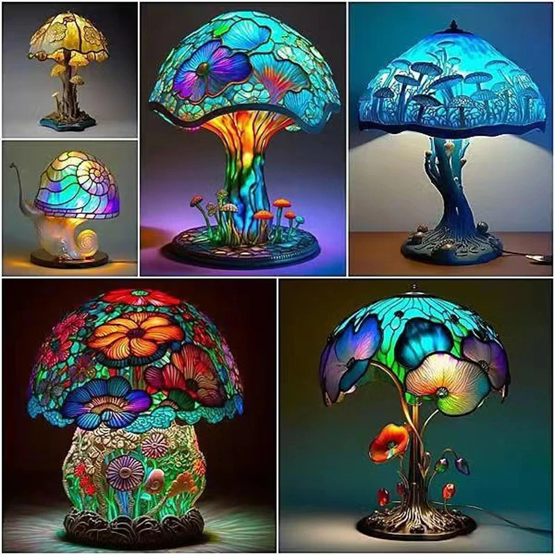 

Vintage Stained Glass Mushroom Table Lamp Plant Series Snail Octopus Creative Colorful Bedroom Bedside Flower Retro Night Light