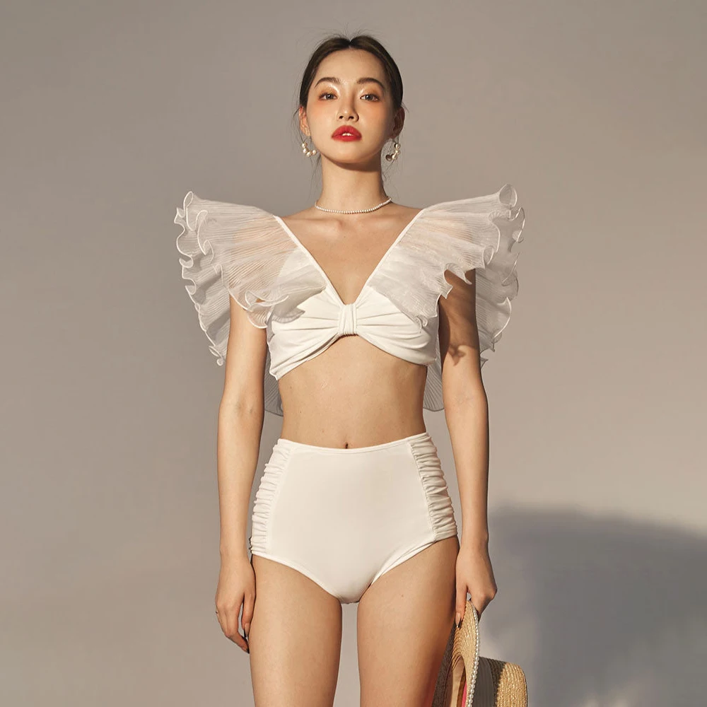 2022-бикини с высокой талией, однотонный, с оборками, V-образным вырезом 
2022-бикини с высокой талией, однотонный, с оборками, V-образным вырезом