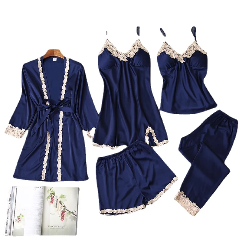 Satin Chiffon Pajamas Womens Autumn and Summer Sexy Silk Five-piece Suit Silk Nightgown with Chest Pad Sling Home Service
Satin Chiffon Pajamas Womens Autumn and Summer Sexy Silk Five-piece Suit Silk Nightgown with Chest Pad Sling Home Service