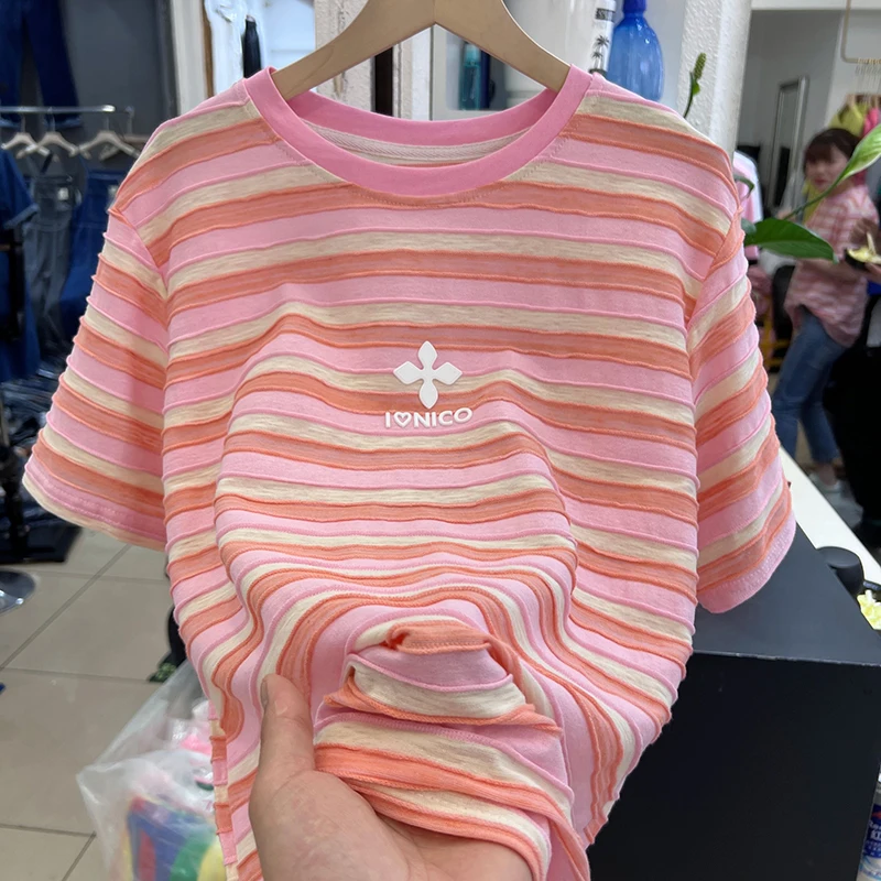 Cotton Short Sleeve T-shirt Women's Summer 2023 Korean Version Crewneck Stripe New Top Embroidered Women T-shirts
Cotton Short Sleeve T-shirt Women's Summer 2023 Korean Version Crewneck Stripe New Top Embroidered Women T-shirts