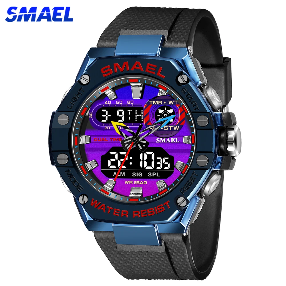 

SMAEL Fashion Sport Watch for Men Digital-Analog Dual Movement Waterproof Multi-color Alloy Case LED Electronic Wristwatch Male