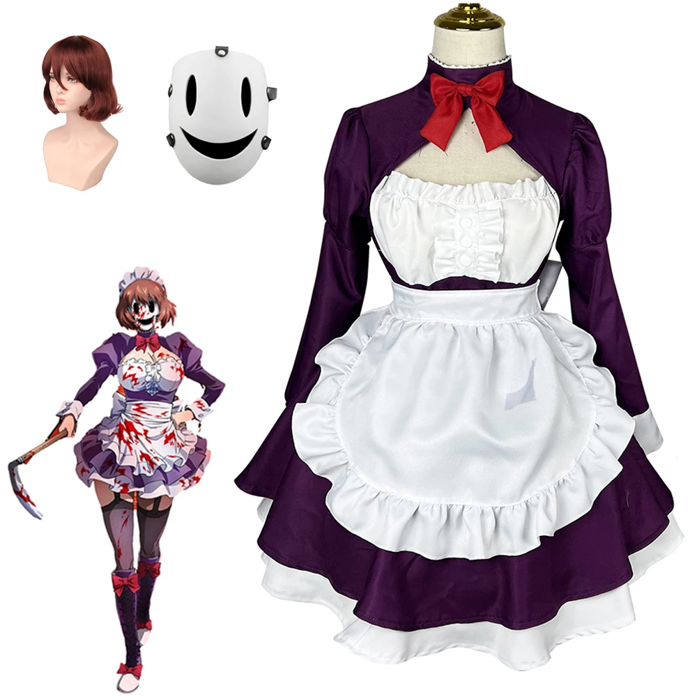 

Anime High Rise Invasion Cosplay Fuku Kamen Costume Sexy Purple Maid Dress Apron Wig Mask Suit Lolita Uniform Halloween Women
