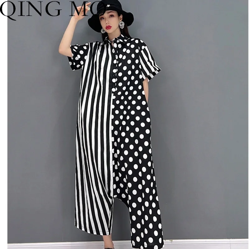 

QING MO Women Short Sleeve Jumpsuit Thin Loose Wild Stripe Polka Dots Print Casual Irregular Jumpsuit Gray 2023 Summer LHX950A