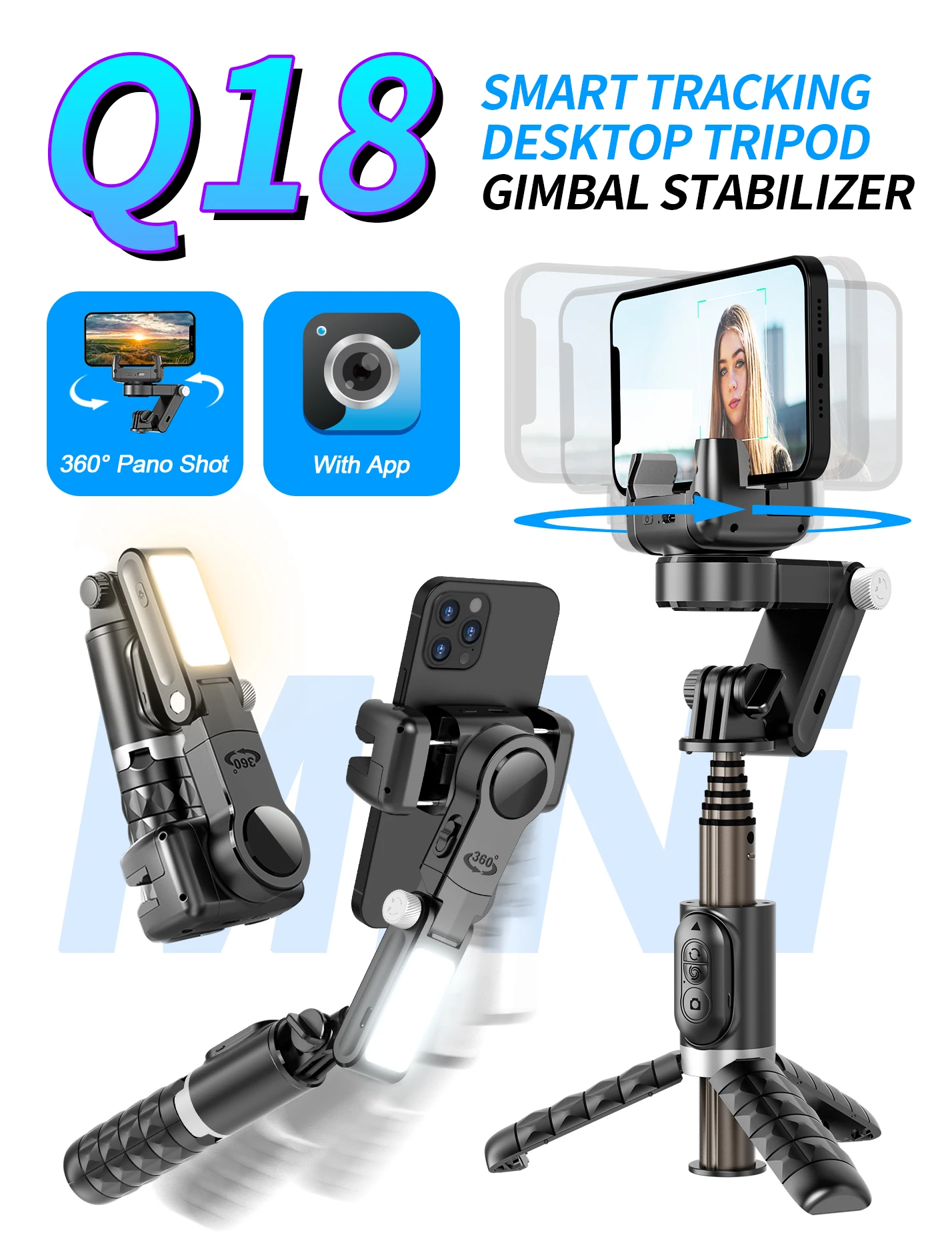 

New Mobile Phone Stabilizer Selfie Stick Panoramic Follow-up anti Shake Q18 Handheld Tripod Pan tilt live Broadcast fill Light