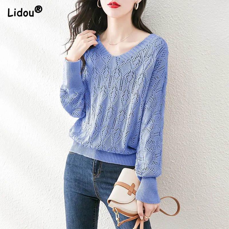 

V-Neck Hollow Out Skin Friendly T-Shirts Solid Casual Fashion Spring Autumn Blended Loose Women's Clothing Intellectual Trend