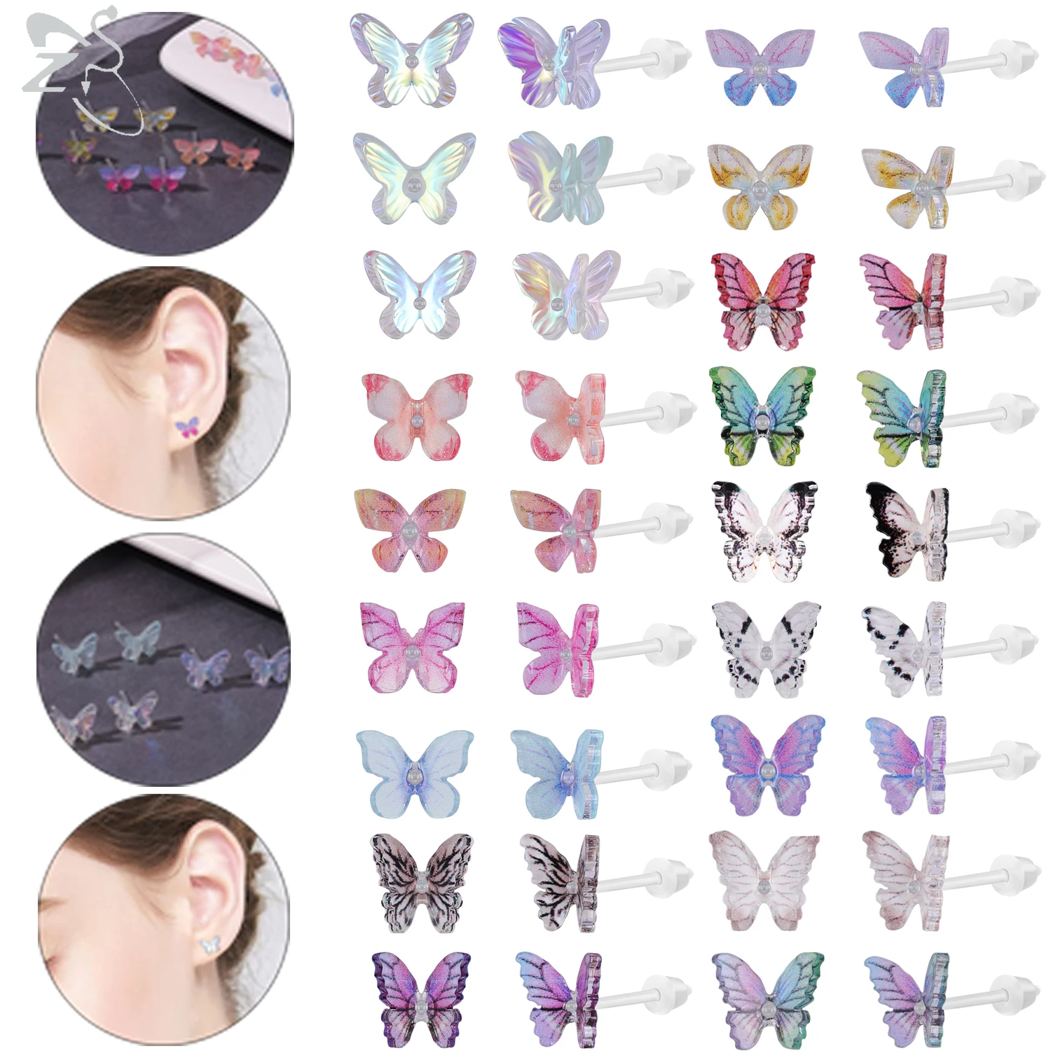 

ZS 2pcs/lot Butterfly Stud Earring for Women Girl Resin Acrylic Prevent Allergy Invisible Earring Ear Tragus Helix Piercings 20G