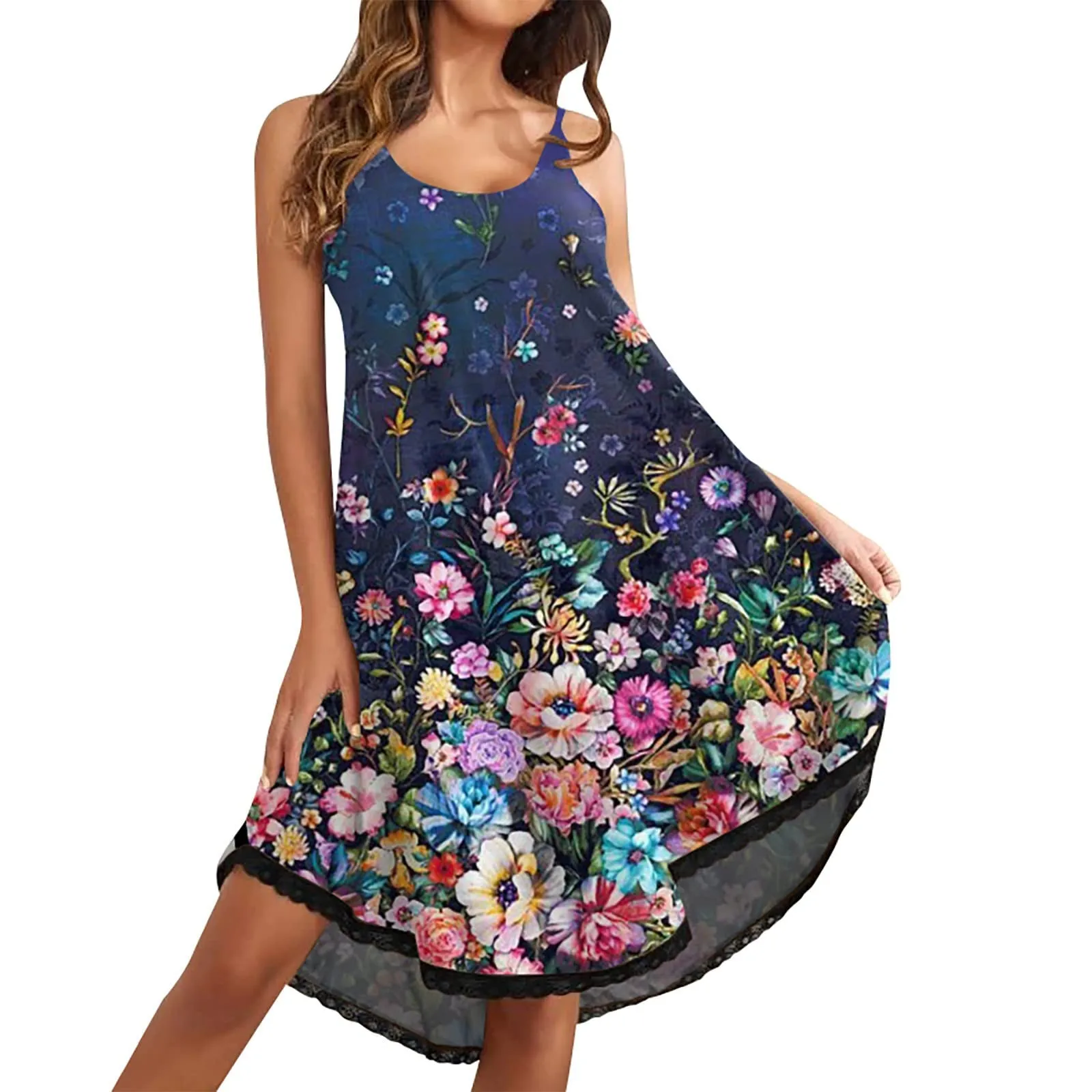 Женское пляжное платье с цветочным принтом и круглым вырезом, без рукавов 
Женское пляжное платье с цветочным принтом и круглым вырезом, без рукавов