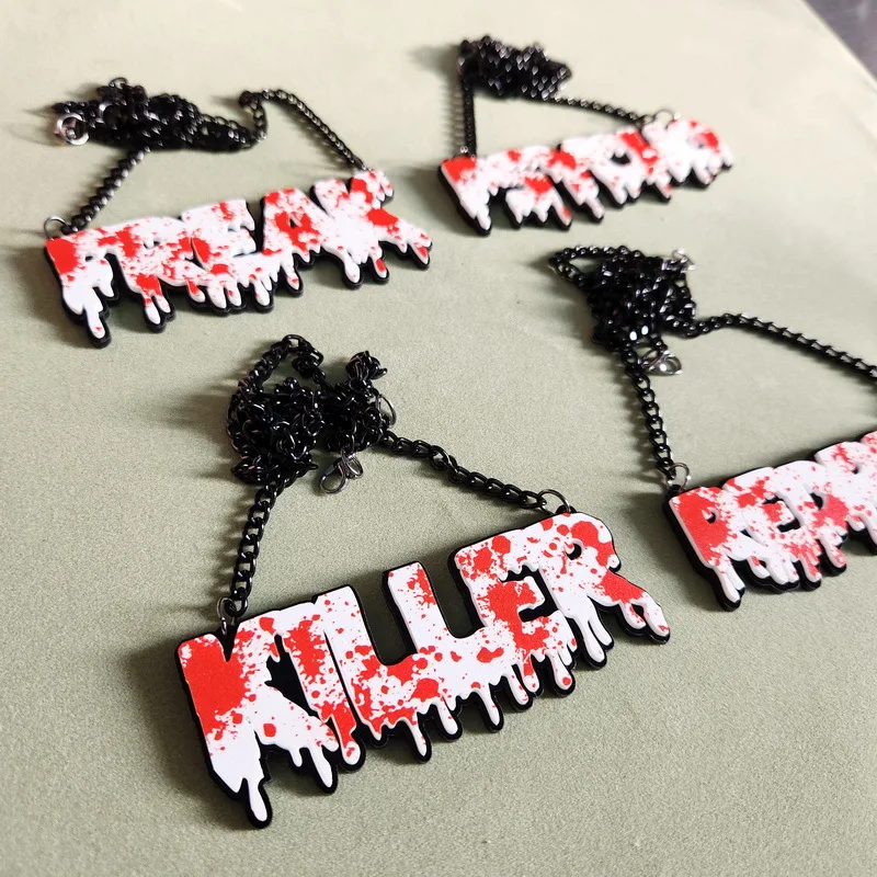 Novel Acrylic Blood Drop Blood Stain English Alphabet Killer Pendant Necklace Movie Cartoon Hip Hop Jewelry Strange Gift for Her
Novel Acrylic Blood Drop Blood Stain English Alphabet Killer Pendant Necklace Movie Cartoon Hip Hop Jewelry Strange Gift for Her