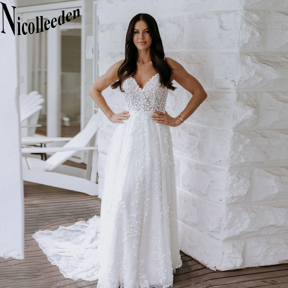 

Nicolle Attractive V-Neck Wedding Dresses 2023 Bride Sleeveless A-LINE Backless Tulle Appliques Court Train Robe De Mariée