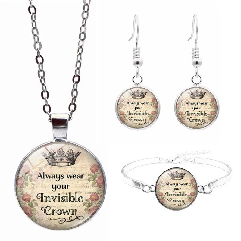 LE Always Wear Your Invisible Crown Cabochon Glass Pendant Necklace Bracelet Earrings Jewelry Set 4Pcs Women's
LE Always Wear Your Invisible Crown Cabochon Glass Pendant Necklace Bracelet Earrings Jewelry Set 4Pcs Women's