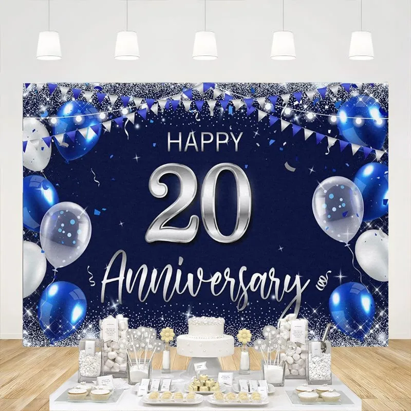 

Custom Happy 20th Birthday Backdrop Banner Navy Blue Silver Glitter 20 Years Wedding Anniversary Party Decorations for Women Men