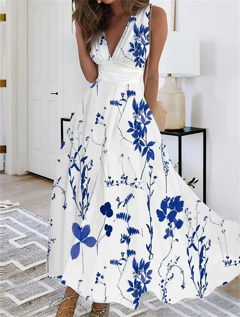 Elegant Flower Print Deep V Neck Big Hem Dresses Ladies Sexy High Waist Sleeveless Vest Gown Women's Sweet Style Casual Dressy
Elegant Flower Print Deep V Neck Big Hem Dresses Ladies Sexy High Waist Sleeveless Vest Gown Women's Sweet Style Casual Dressy
