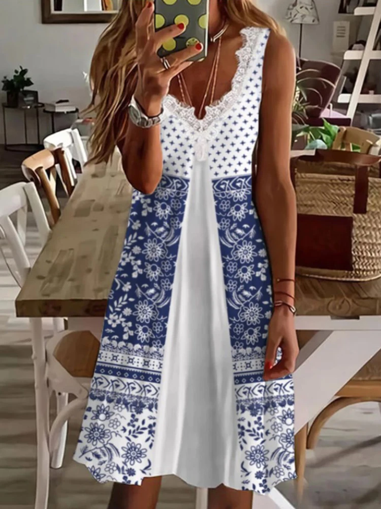 2022 New Printed Splicing Sleeveless Dress Sexy V-Neck Lace A-Line Skirt Dress Women Summer Casual Mid-Length Beach Party Dress
2022 New Printed Splicing Sleeveless Dress Sexy V-Neck Lace A-Line Skirt Dress Women Summer Casual Mid-Length Beach Party Dress