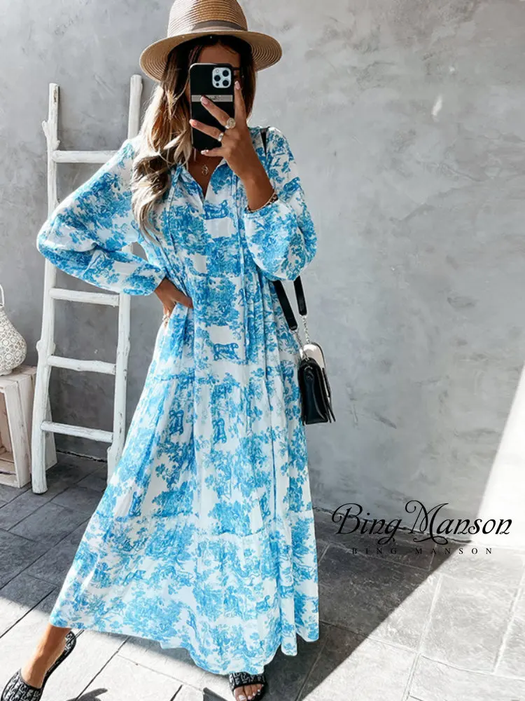 2022 Autumn and Winter New Long Skirt Bohemian Print Long-sleeved Swing Dress Women's Retro Print Lotus Leaf Collar Maxi Dress
2022 Autumn and Winter New Long Skirt Bohemian Print Long-sleeved Swing Dress Women's Retro Print Lotus Leaf Collar Maxi Dress