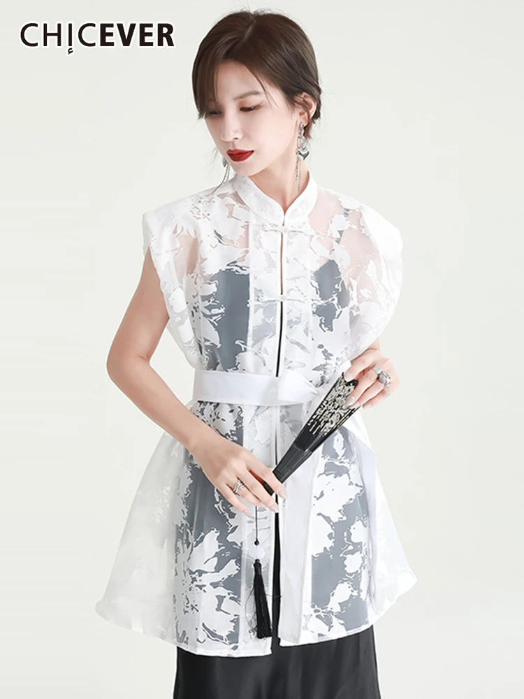 CHICEVER Straight Shirt For Women Stand Collar Sleeveless Print Sheer Casual Button Through Blouse Female Summer Clothing Style
CHICEVER Straight Shirt For Women Stand Collar Sleeveless Print Sheer Casual Button Through Blouse Female Summer Clothing Style