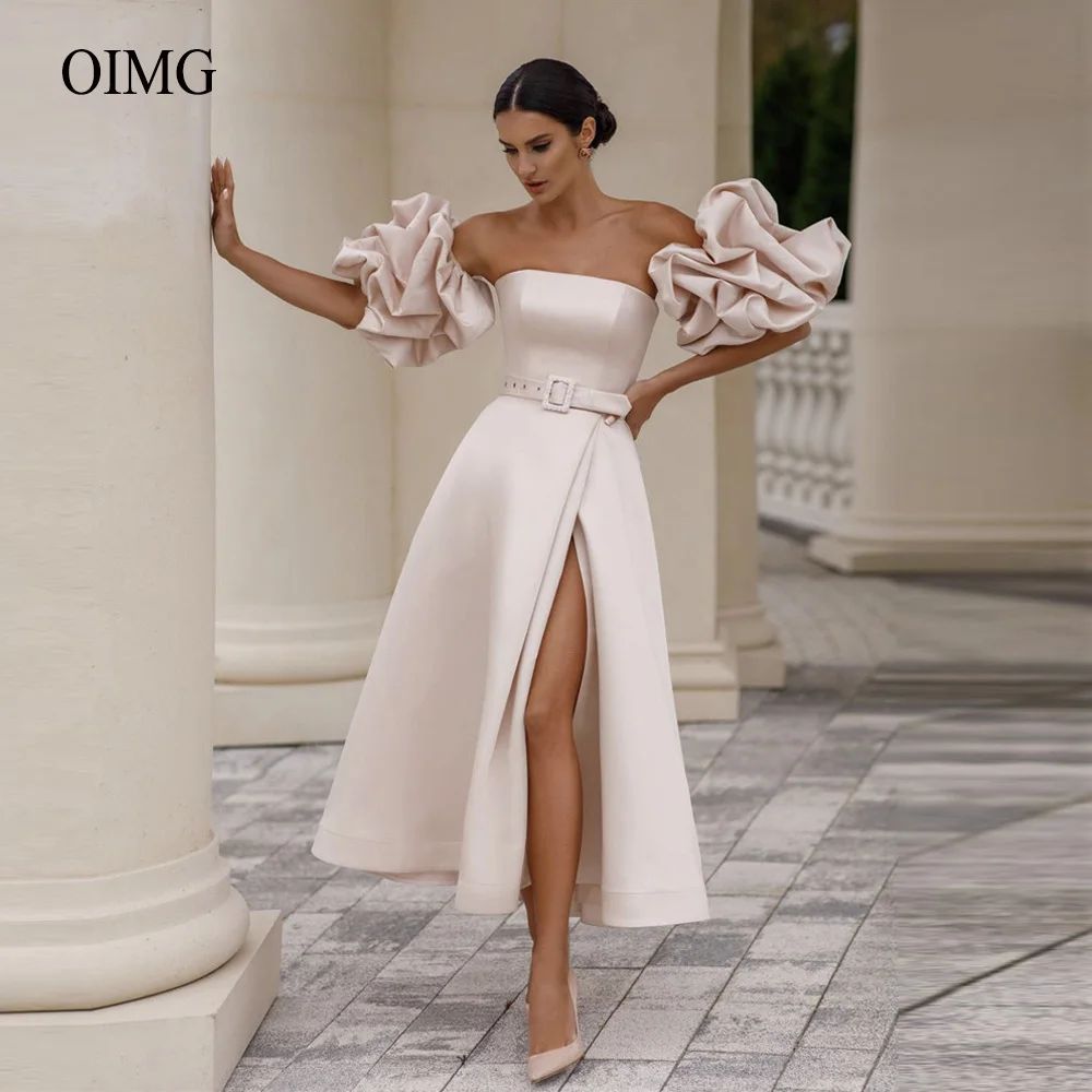 OIMG A Line Blush Pink Wedding Dresses Strapless Puff Sleeves Side Slit Sash Tea Length Women Formal Party Gowns Bride Dress
OIMG A Line Blush Pink Wedding Dresses Strapless Puff Sleeves Side Slit Sash Tea Length Women Formal Party Gowns Bride Dress
