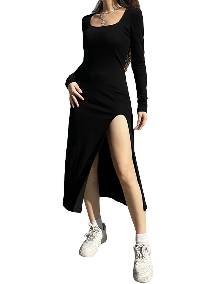 Women Sexy Square Neck Long Sleeve Solid Color Split Hem Casual Party Club Street Bodycon Long Dress
Women Sexy Square Neck Long Sleeve Solid Color Split Hem Casual Party Club Street Bodycon Long Dress