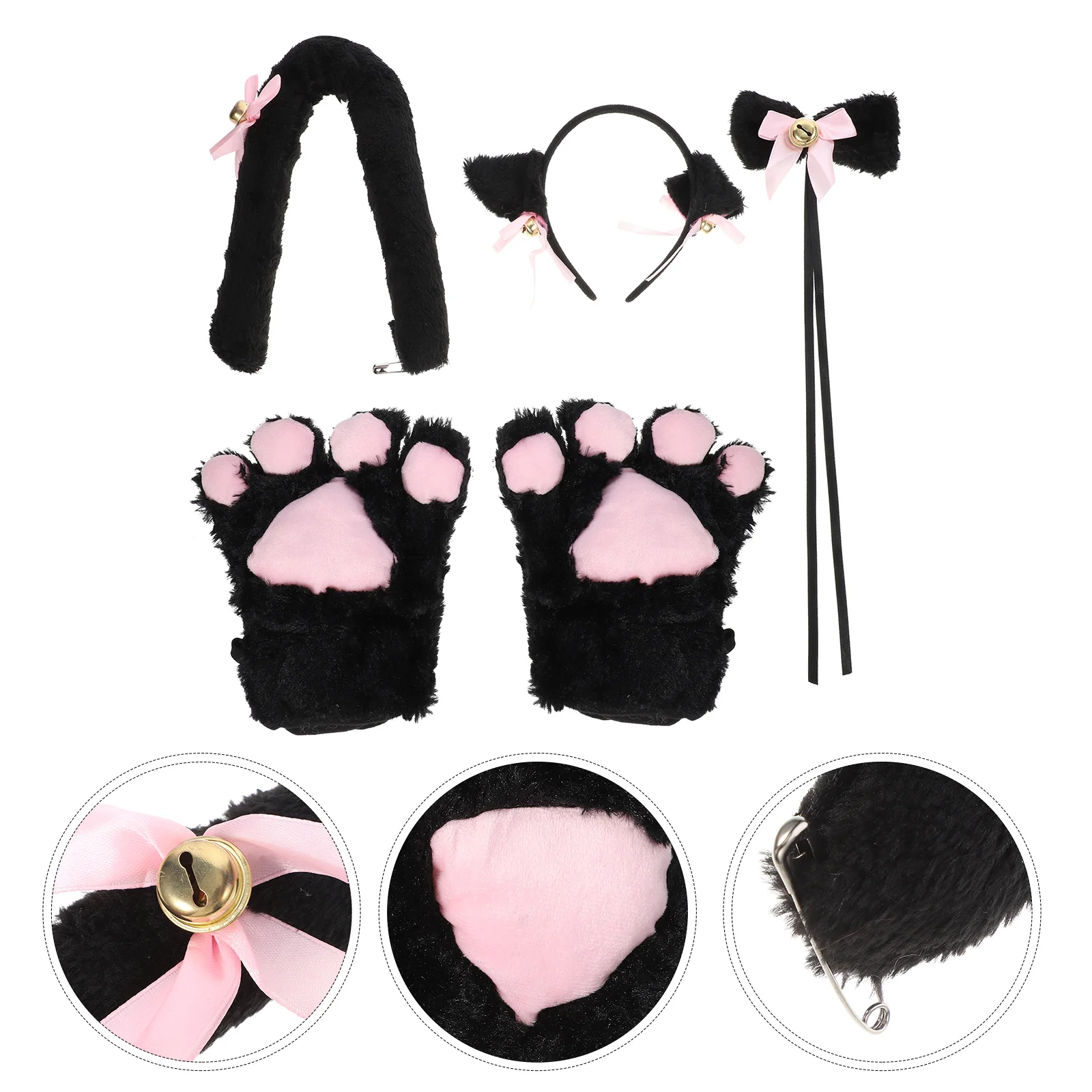 

5 Pcs Creative Cat Cosplay Costume Kitten Tail Ears Collar Paws Gloves Anime Lolita Gothic Set for Party Cosplay (Black)