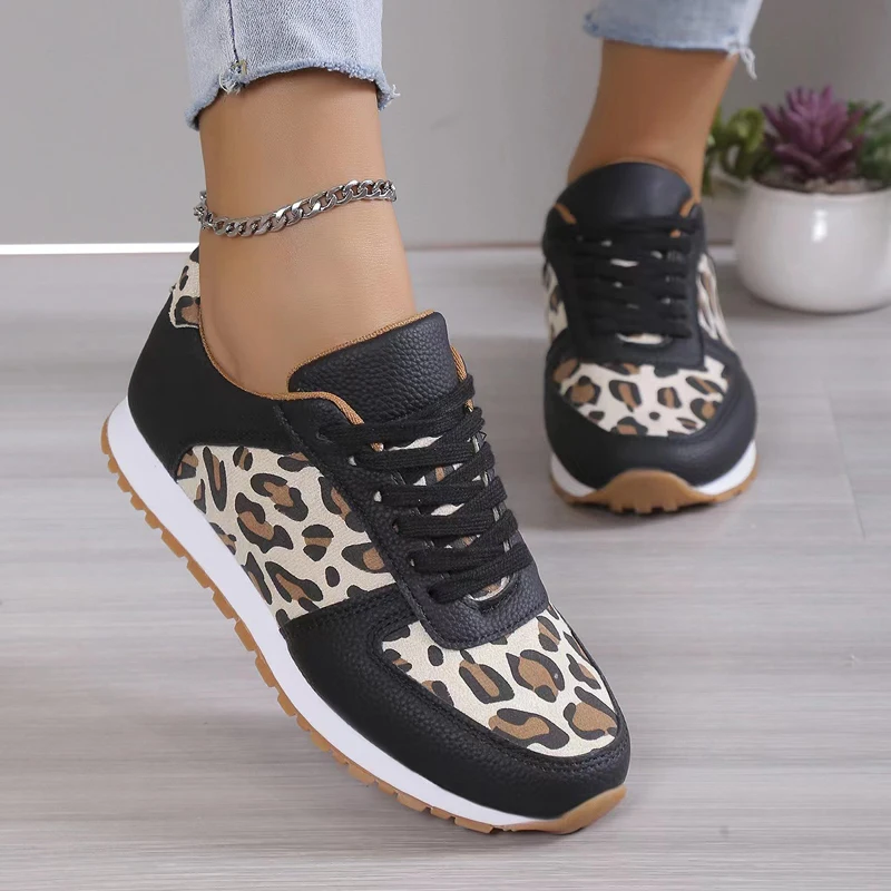 

2023 New Thick Sole Leopard Lace up Casual Sports Shoes for Women's Foreign Trade Large Sized Low Top Single Shoes Outdoor