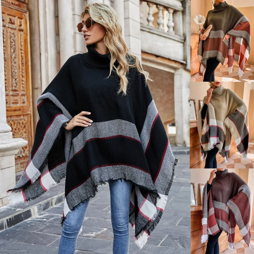 

Women's Knit Tassel Fringed Pullover Poncho Sweater Shawl Wrap Tassels Cloak Top Stripe Cape Cardigan Coat Stoles