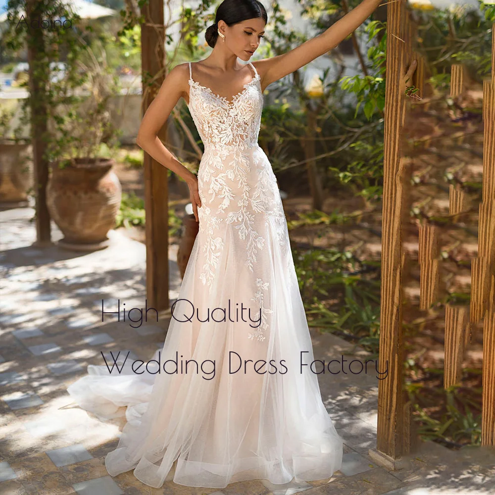 Sexy Spaghetti Strap Mermaid Wedding Dress Lace Appliques Floor Length Backless Sleeveless Light Champagne Bridal Gown Customize
Sexy Spaghetti Strap Mermaid Wedding Dress Lace Appliques Floor Length Backless Sleeveless Light Champagne Bridal Gown Customize
