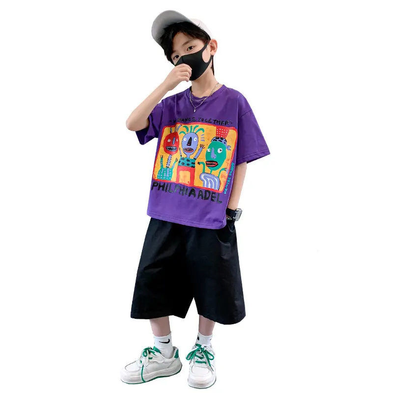 

Boys Cotton Summer Suit 2022 New Teenage Fashion Clothes Children Korean Handsome Short-Sleeved T-shirt + Shorts 2pcs Set 5-14Y