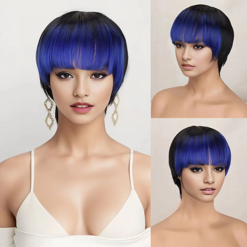 

Short Bob Wig With Bangs Synthetic Wigs For Women Ombre Black Blue Lolita Cosplay Party