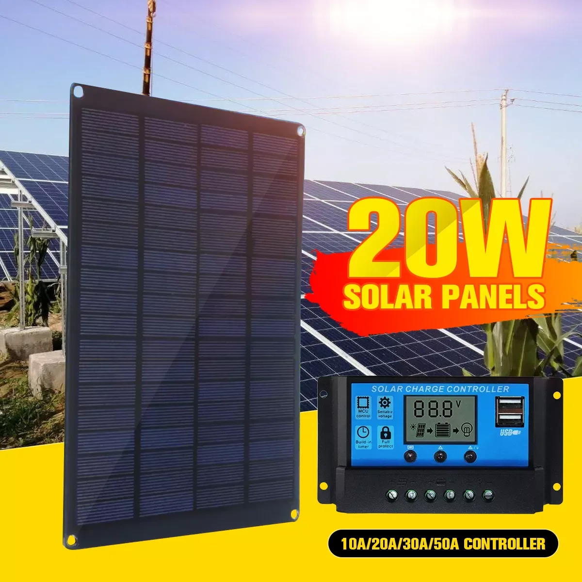 20W 12V 18V Solar Panel with battery Clip+10/20/30/50A Solar Car Charger Controller Solar Cells for Outdoor Camping Hiking
20W 12V 18V Solar Panel with battery Clip+10/20/30/50A Solar Car Charger Controller Solar Cells for Outdoor Camping Hiking