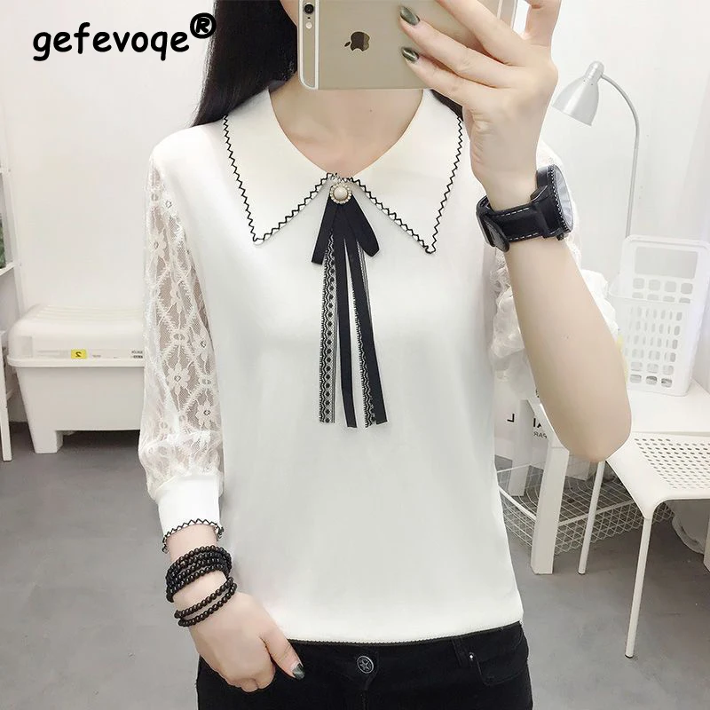 Spring Summer New Elegant Fashion Long Sleeve Lace Patchwork Bow Shirt Women Loose Casual Hollow Out Pullover Blouse Femme Tops
Spring Summer New Elegant Fashion Long Sleeve Lace Patchwork Bow Shirt Women Loose Casual Hollow Out Pullover Blouse Femme Tops