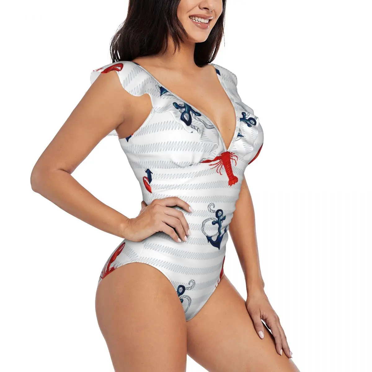 

Swimwear Women One Piece Swimsuit Tropical Marine Lobster Anchor Swimming Bikinis Push Up Monokini Sexy Ruffle Bathing Suit