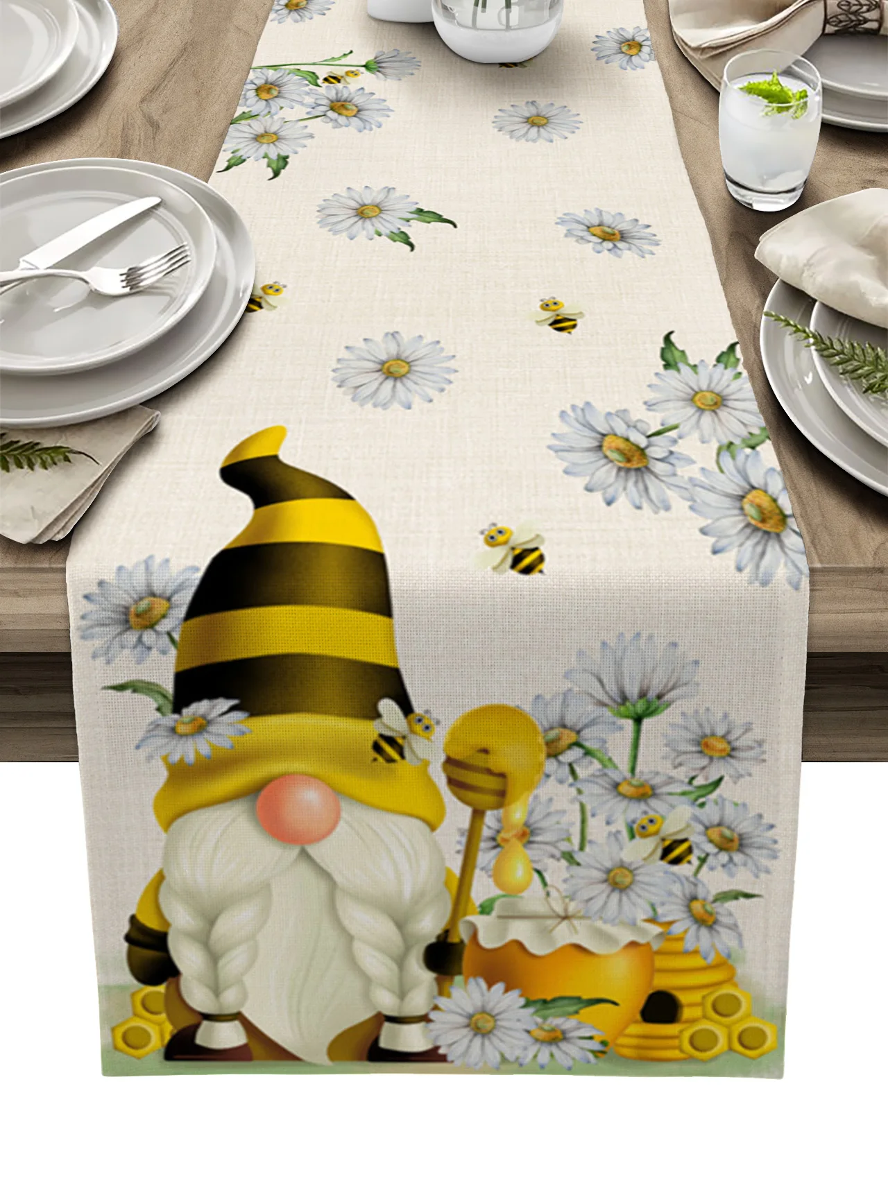 

Pastoral Spring Bee Daisy Gnome Table Runner luxury Kitchen Dinner Table Cover Wedding Party Decor Cotton Linen Tablecloth