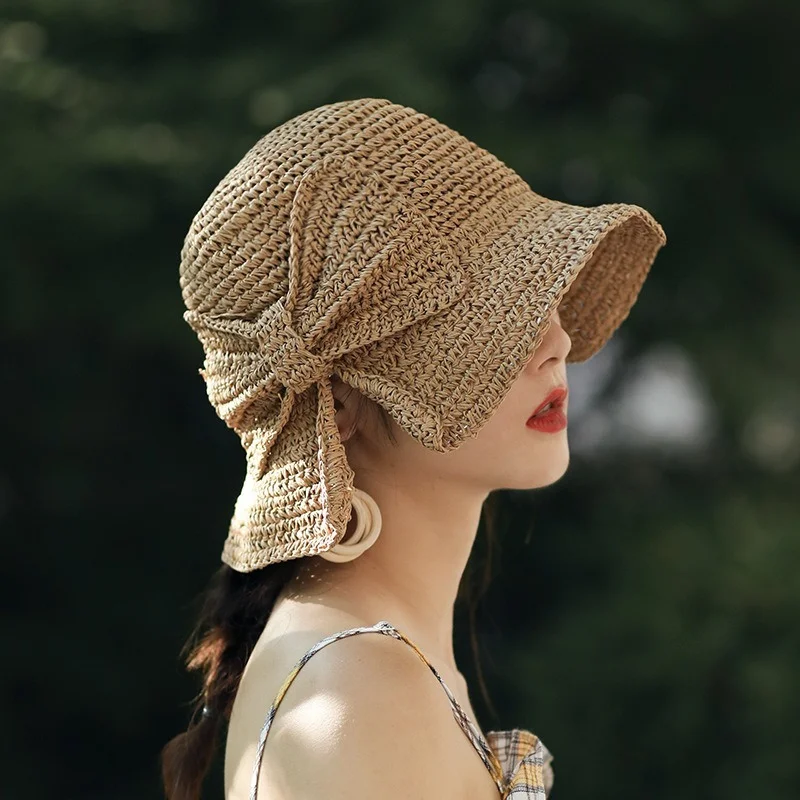 

2022 New 100% Raffia Bow Sun Hat Wide Brim Floppy Summer Hats for Women Beach Panama Straw Dome Bucket Shade Hat Ladies Caps