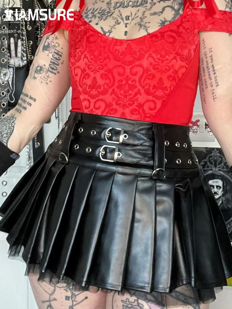 IAMSURE Dark Pu Leather Mesh Pleated Skirt With Sashes Gothic Mid-Waisted Mini Skirts Women 2022 Fashion Streetwear Preppy Style 
IAMSURE Dark Pu Leather Mesh Pleated Skirt With Sashes Gothic Mid-Waisted Mini Skirts Women 2022 Fashion Streetwear Preppy Style