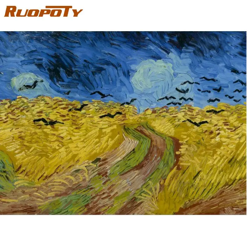 

RUOPOTY Wheat Field Painting By Numbers For Adults DIY Kits HandPainted On Canvas With Framed Oil Picture Drawing Coloring By Nu