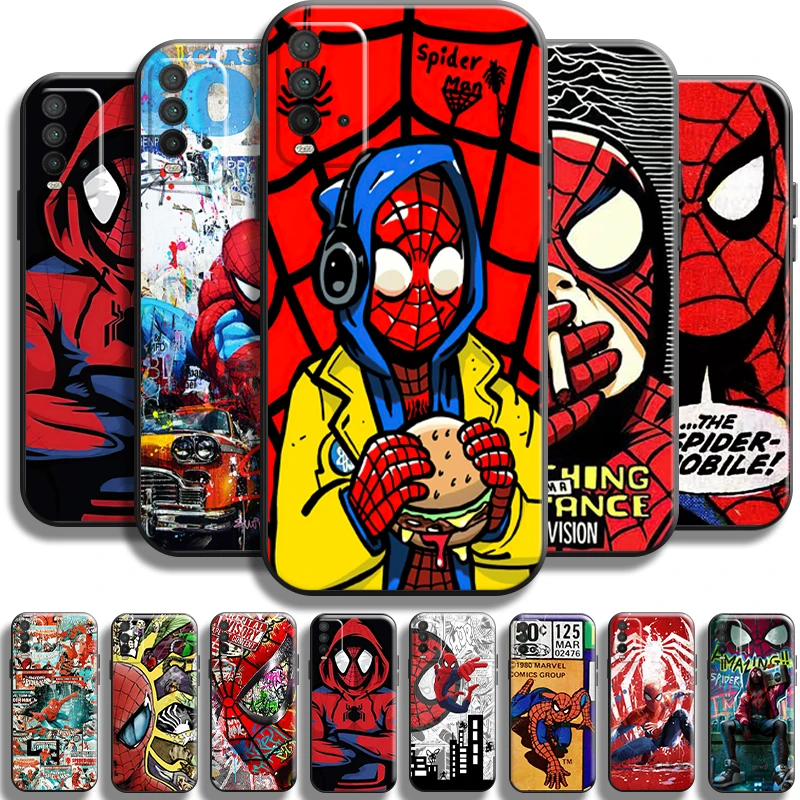 

Avengers Spiderman Comics For Xiaomi Redmi 9T Phone Case Shell Shockproof Liquid Silicon Carcasa Black TPU Cases Back Funda