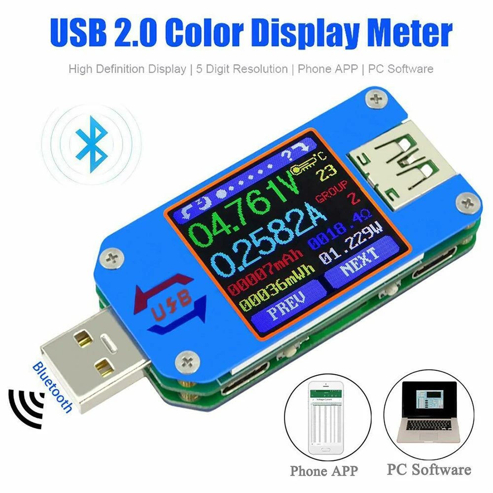 

USB-тестер, вольтметр UM25C с приложением, измеритель тока и напряжения, амперметр, цифровой мультиметр с цветным ЖК-дисплеем, 5 А, USB 2.0, Type-C, Bluetooth