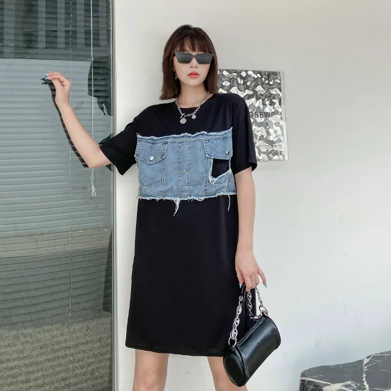 SuperAem Korean Retro Denim Stitching Short Sleeve T-shirt Dress Women's New Loose Round Neck Pullover Dress Summer 2022
SuperAem Korean Retro Denim Stitching Short Sleeve T-shirt Dress Women's New Loose Round Neck Pullover Dress Summer 2022