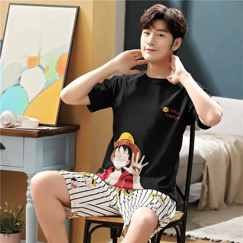 Men Home Clothes Summer Short Sleeve Male Pajamas Set Black Tops With Stripe Pants Sleepwear Suit Casual Outfit Boys Roomwear
Men Home Clothes Summer Short Sleeve Male Pajamas Set Black Tops With Stripe Pants Sleepwear Suit Casual Outfit Boys Roomwear